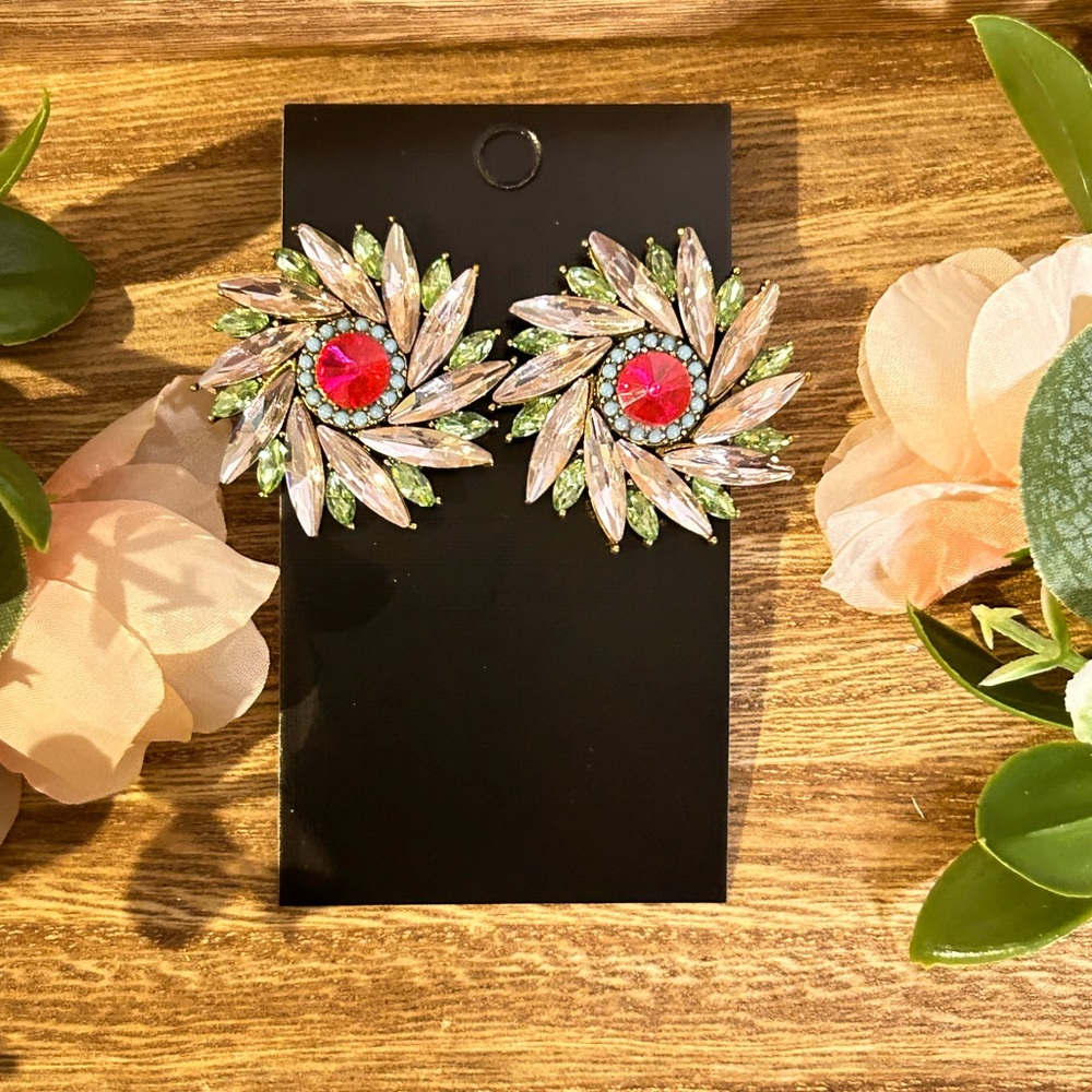 Rhinestone Flower Statement Earrings - image 1